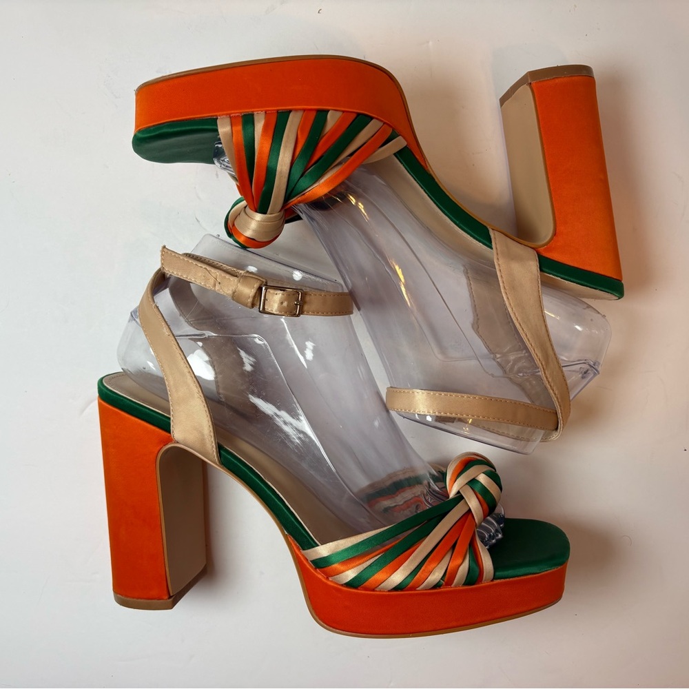 Bold Orange & Green Platform Sandals with Beige Ankle Strap